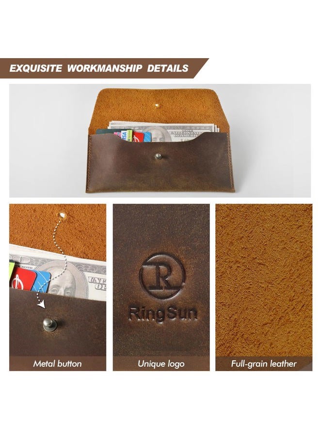 RINGSUN Genuine Leather Cash Envelope, Reusable Budget Wallet, Retro Clutch for Men & Women, Brown, Retro - Image 5